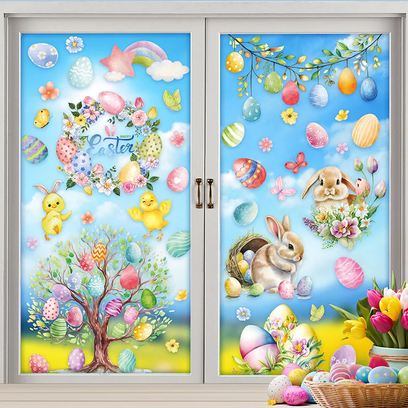 81PCS Retro Easter Window Stickers, Rabbit Egg Window Decoration Double sided Printing - Suitable for Home Party Supplies