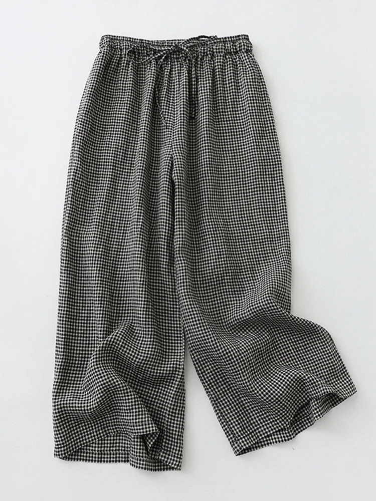 

Широкие брюки с высокой талией, повседневные клетчатые хлопковые льняные женские брюки прямого кроя с девятью очками, удобные брюки для поездок на работу