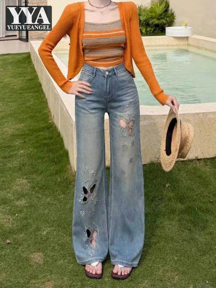 Casual Women Summer Streetwear Loose Fit Jeans Butterfly Hollow Out High Waist Design Cargo Denim Pants Female Straight Trousers