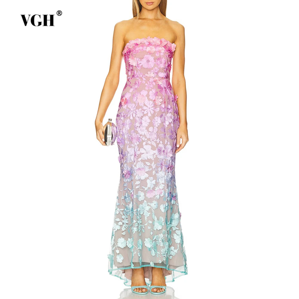 

VGH Gradient Color Evening Maxi Dress for Women Strapless Sleeveless High Waist Patchwork Appliques Slimming Dresses Female New