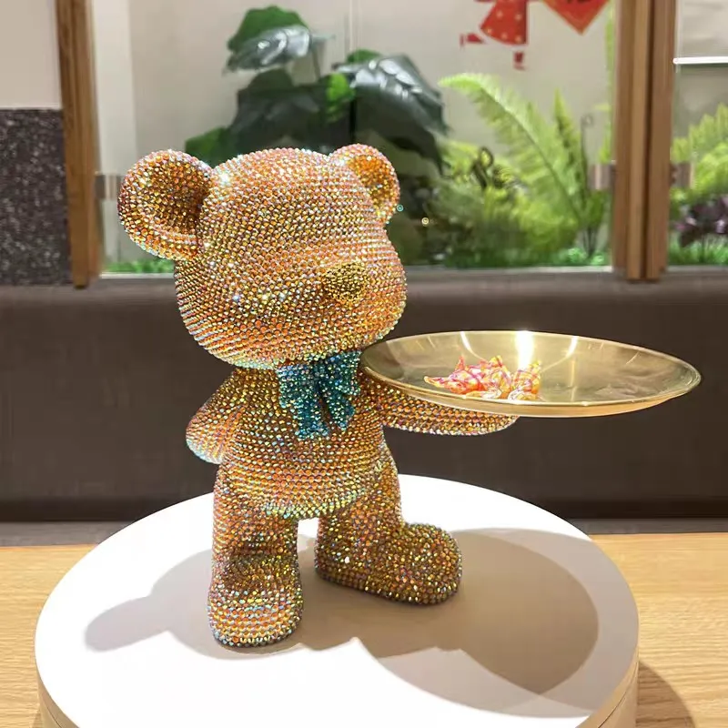 Crystal-studded Bear Figurine Metel Snack Tray Key Storage Plate DIY Mosaic Living Room Ornament Shiny Home Decor Sulpture