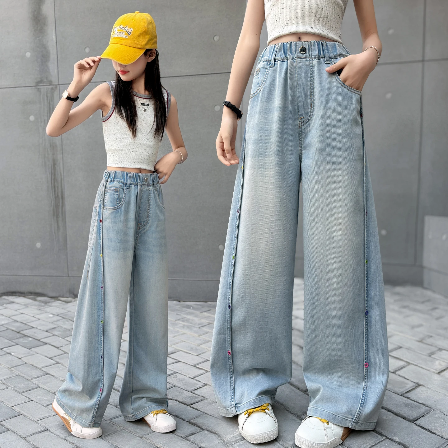 

Simple Style Blue Denim Jeans for Girls 4-14Y Loose Fit Casual Loose Pants Spring Summer Embroidery Daily Wear for Kids Tweens