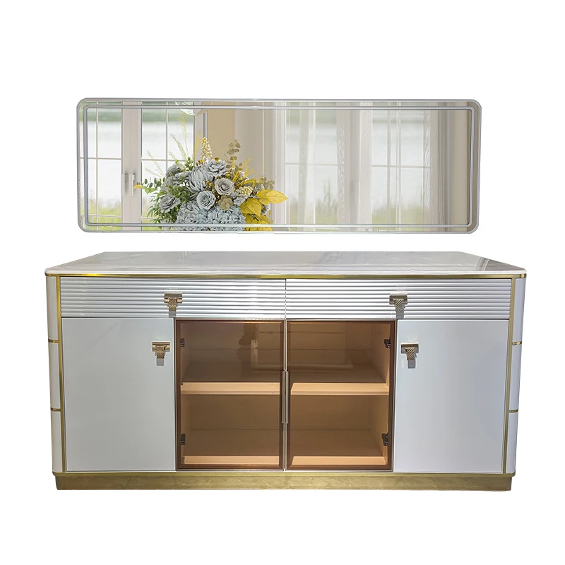

Custom Modern Design Storage Console Cabinet with Mirror Luxury Dining Room Furniture Wooden White Sideboard