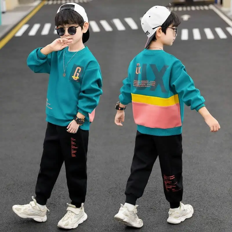 2024 autumn winter Boys Tracksuit velvet patchwork letters rainbow sweatshirt + Leggings Pants Suit Clothes children Set 12 14 Y