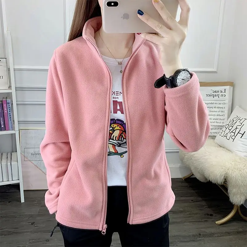 

Women Winter Soft Fleece Jacket Casual Stand Collar Warm Streetwear Fleece Coats Autumn Solid Long Sleeve Sports Zipper Outwear