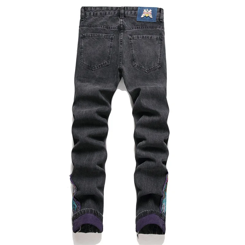 Pantalones vaqueros cálidos con bordado de calavera para hombre, Bolsillo grande, grafiti, rayado, alta elasticidad, 3D, cremallera en inglés,