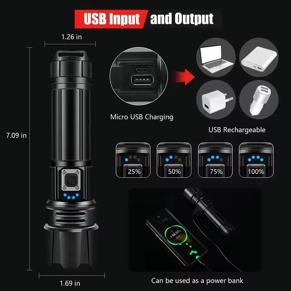 Мощный фонарик 3000 LM P70 фонарик с телескопической фокусировкой 3000 м фонарик USB зарядка с аккумулятором 26650 внешний аккумулятор