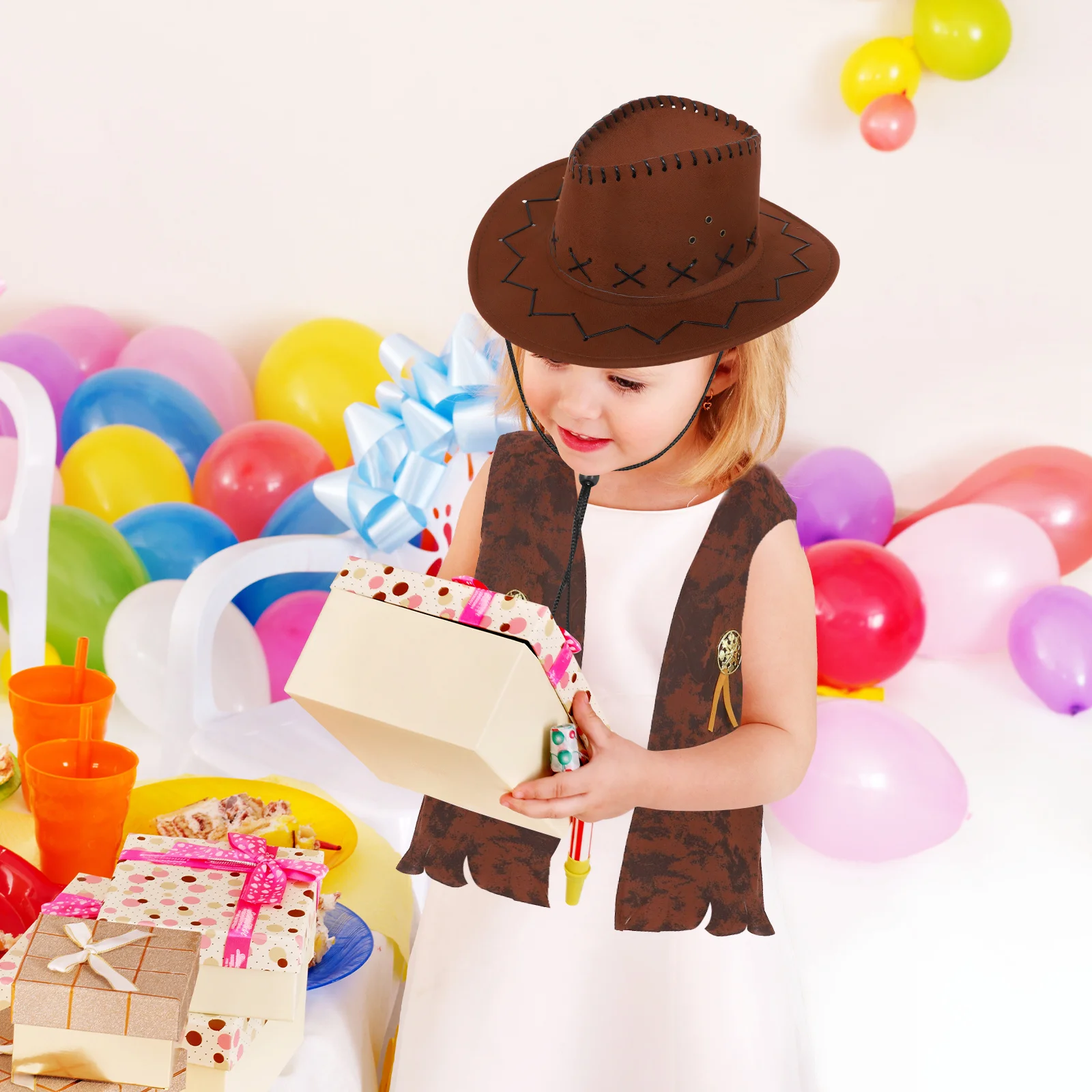 Kids Cowboy Costume Western Cowgirl Vest Hat Bandana Halloween Dress Up Party Cosplay Brown 115-130 M Multiple