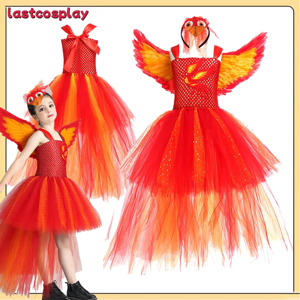 

Kids Girls Stage Performance Tutu Dress Fire Cosplay Phoenix Mesh Skirt Costume Halloween Carnival Disguise Party Clothes Suit