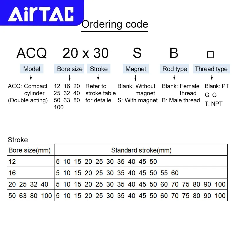 AIRTAC الأصلي هوائي اسطوانة مدمجة ACQ12 16 20 25 السكتة الدماغية 5 10 15 20 25 30 35 40 45 50 60 70 75 80 90 100 مللي متر مزدوج التمثيل