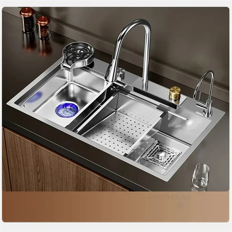 

Nano Stainless Steel Sink Waterfall Kitchen Large Single Slot Vegetable Washing Basin Cup Washer Kitchen Accessories s