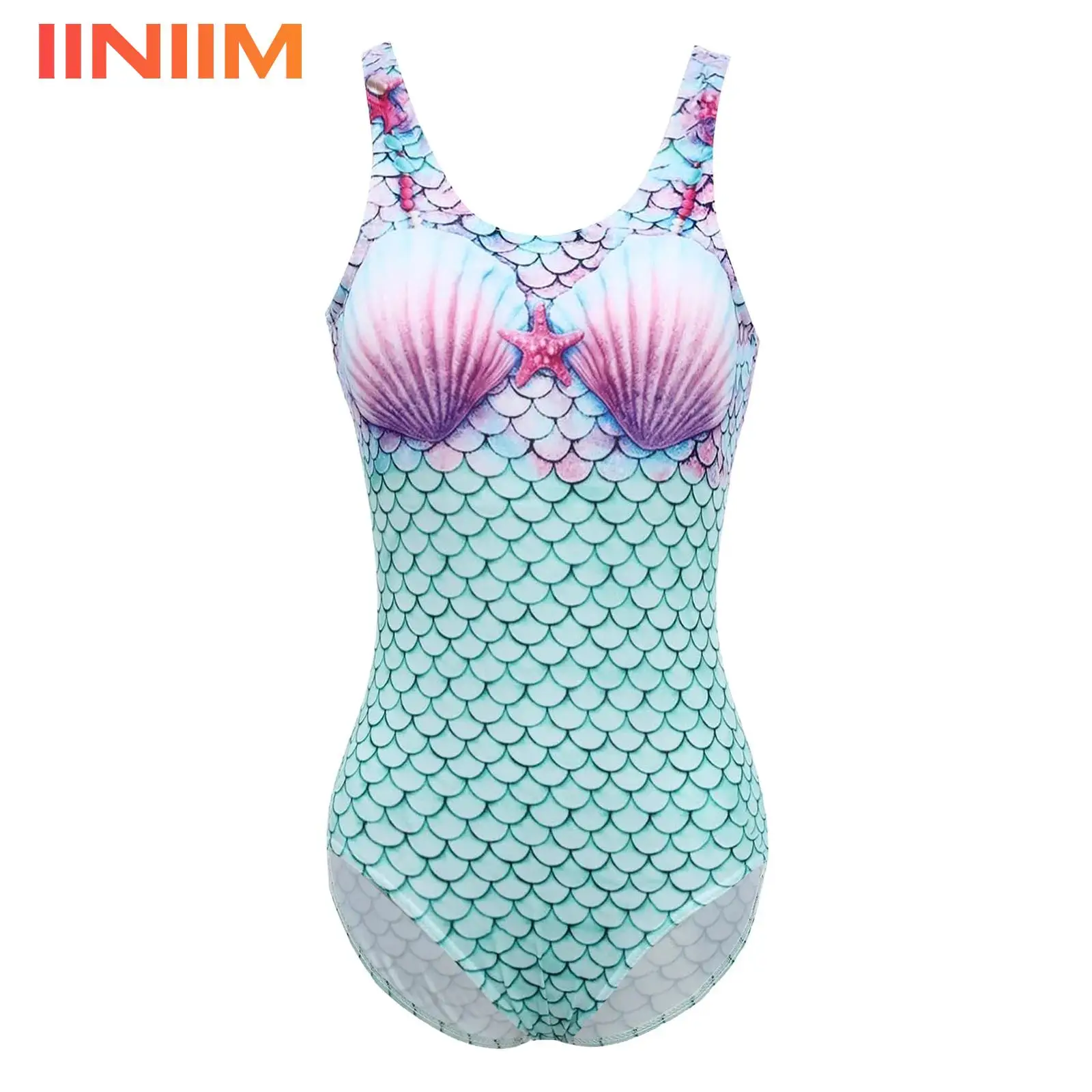 

Womens Swimming Leotard Costume One Piece Monokini Swimsuit 3D Fish Scale Print Bathing Suit Bikini Sleeveless Slimming Swimwear