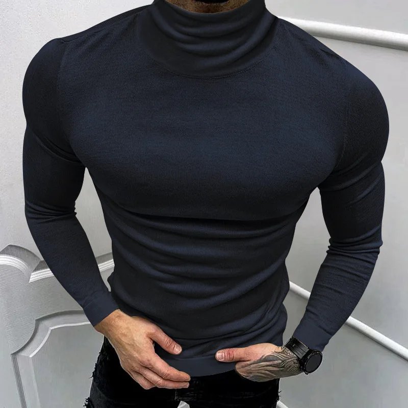 

New autumn and winter men's long-sleeved T-shirt high elastic solid color turtleneck bottoming shirt T-shirt sports versatile