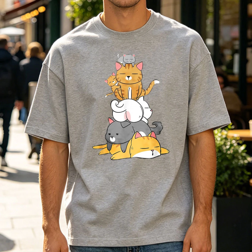 Pile of Cats - Cats Stacking Cute Funny Cat Lover Cotton T-Shirt Graphic T Shirts Harajuku Oversized T Shirt Men Clothing Tees