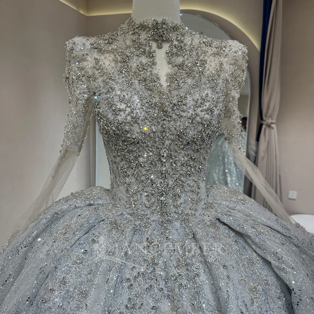 Organza Customzied Abito da ballo romantico Collo alto 2025 Abito da sposa Maniche lunghe Backless Corte dei treni Sposa abiti da sposa bod