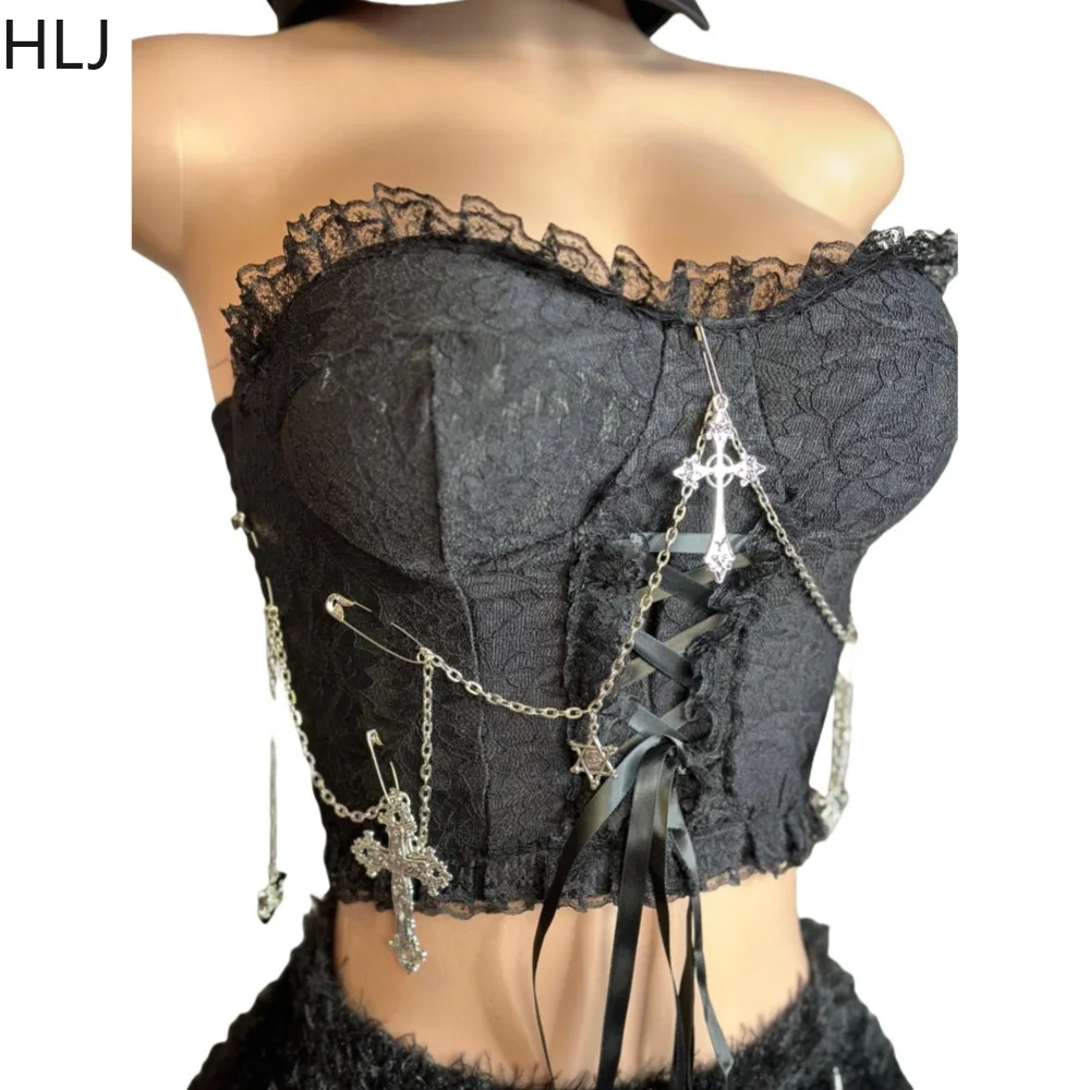 HLJ Black Sexy Y2K Punk Streetwear Women Chain Lace Up Slim Tube And Fur Tassels Mini Skirts Two Piece Sets Fashion 2pcs Outfits