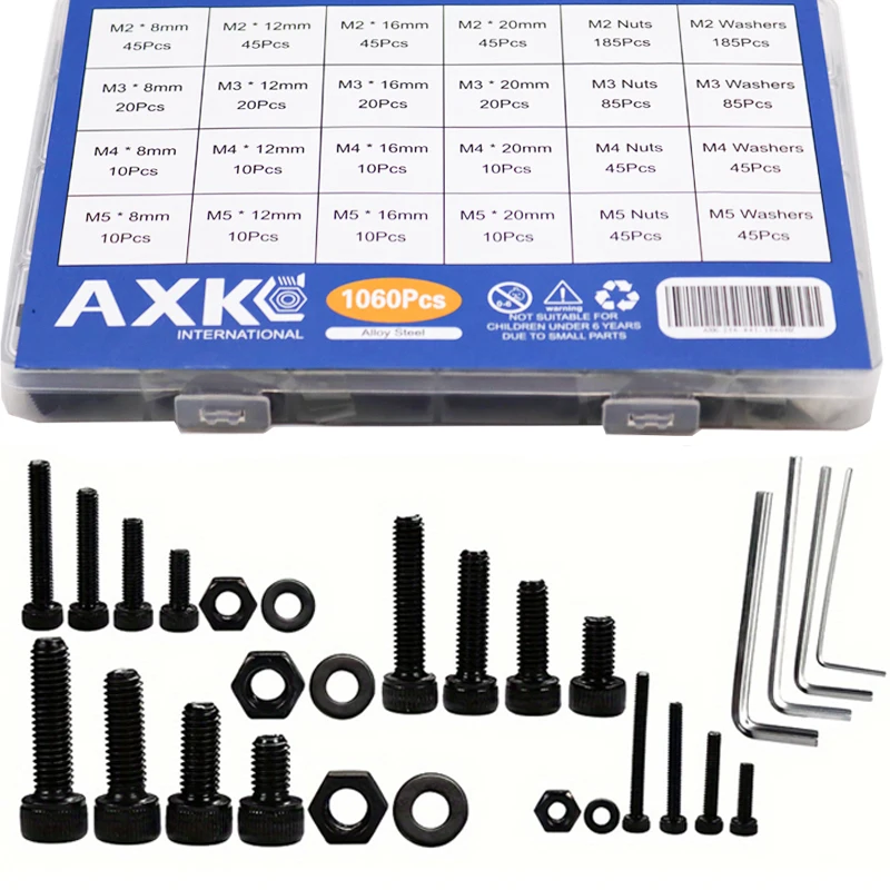 

1060 шт. M2 M3 M4 M5 Набор винтов с шестигранной головкой из углеродистой стали с плоской круглой головкой Болты и гайки Ассортиментный комплект с коробкой для хранения