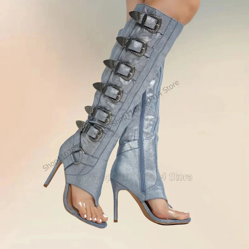 

Sky Blue Buckle Decor PVC Flip Flop Sandals Boots Side Zipper Women Shoes Thin High Heels Fashion Party 2025 Zapatos Para Mujere