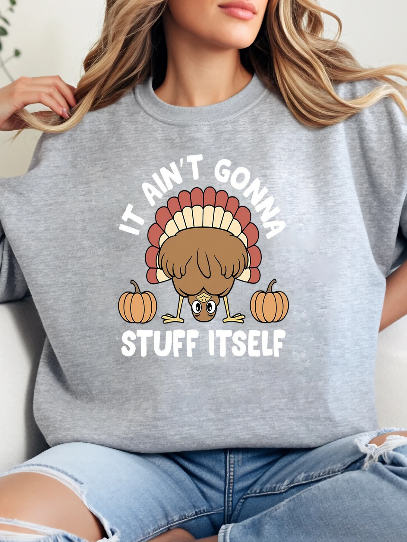 

Турция и тыквы, это не собирает вещи, толстовка с круглым вырезом на День Благодарения, женский повседневный осенний наряд, серый, большие размеры