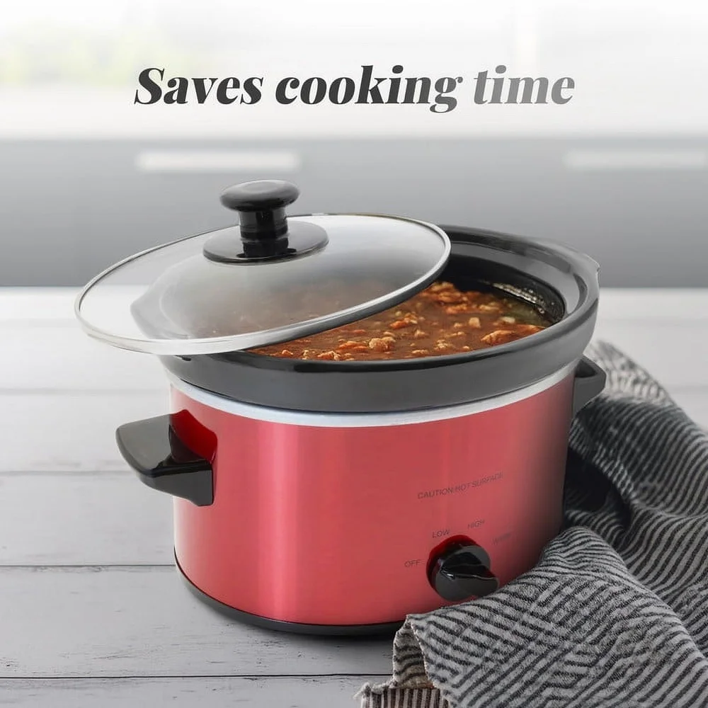 2Qt Oval Slow Cooker with Dishwasher Safe Stoneware Pot Tempered Glass Lid Low High Defrost Settings Family Meals