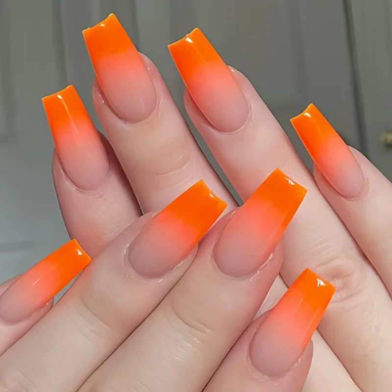 Orange Gradient Press on Nails Elegant Skin Brightening Fresh Citrus Manicure Style 24Pcs Sweet Fashionable Fake Nail Tips view 2