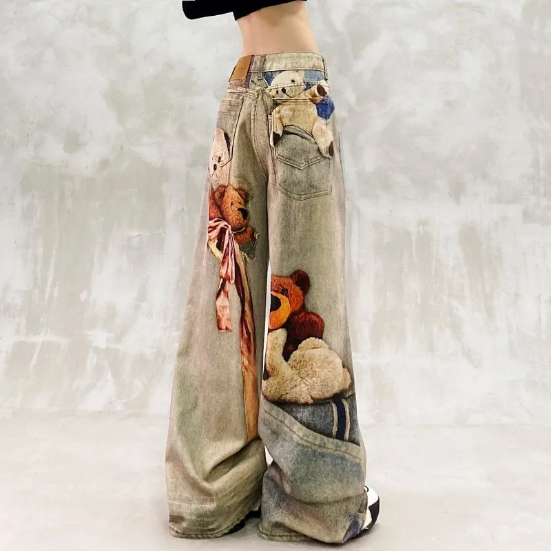 Fat Mm Small 2026 Spring and Autumn New Retro Bear Pattern Printing Cartoon Graffiti Women Mopping Jeans Age Reduction Trousers