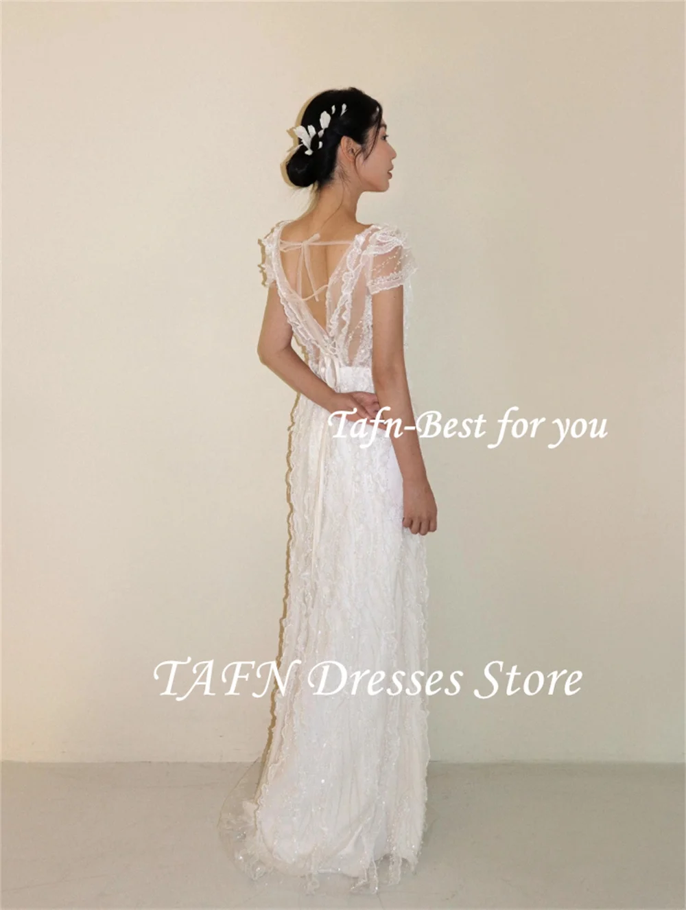 TAFN Korea Wedding Dresses Square Collar Short Sleeves A-line Luxury Lace Backless Bridal Gown Photo Shoot Dresses