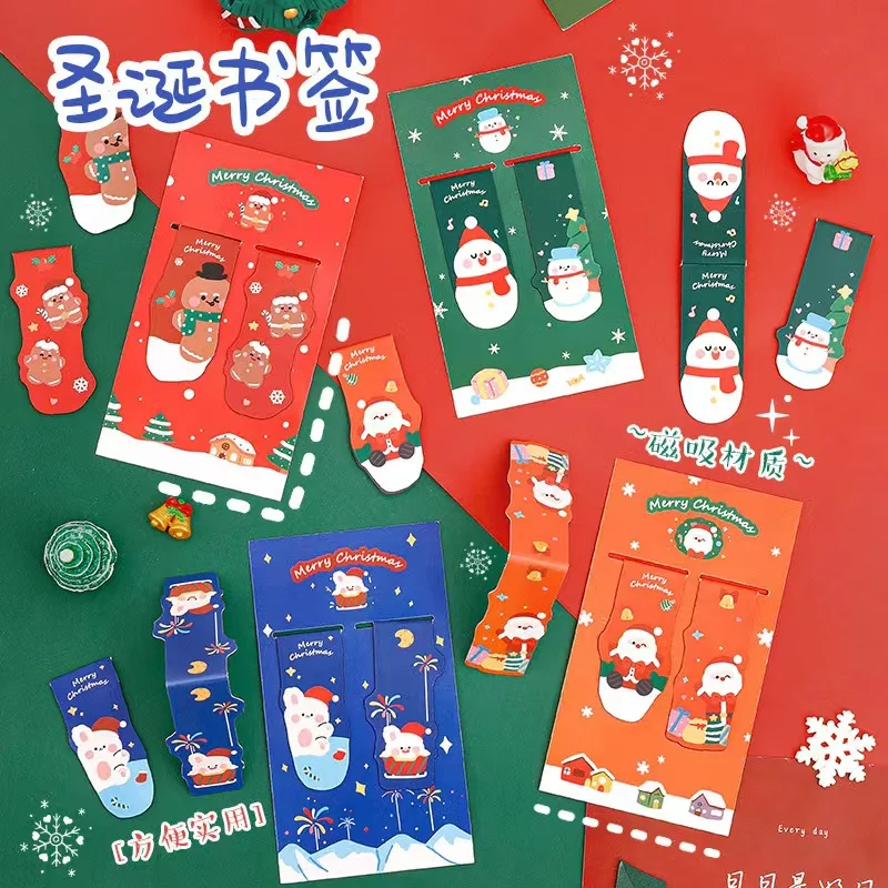 2Pcs/Set Merry Chrismas Cute Magnet Bookmark snowman sock Santa Claus Deer Reading Book mark Stationery material Christmas gift