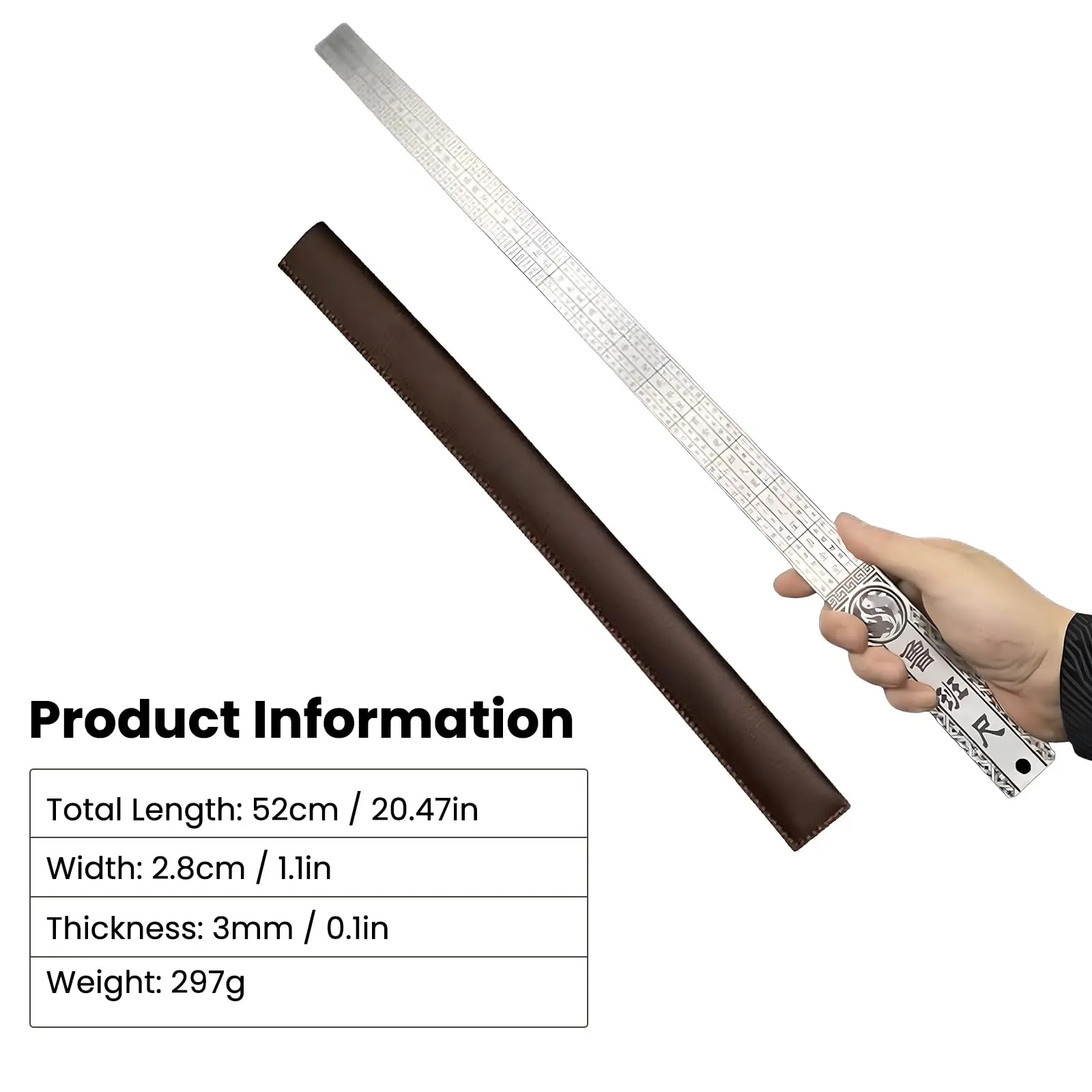 مسطرة من الفولاذ المقاوم للصدأ شديدة التحمل مقاس 20 بوصة/50 سم - مقياس مزدوج بوصة/سم، سميكة 3 مم للدقة، مع حقيبة جلدية، أداة دفاع عن النفس