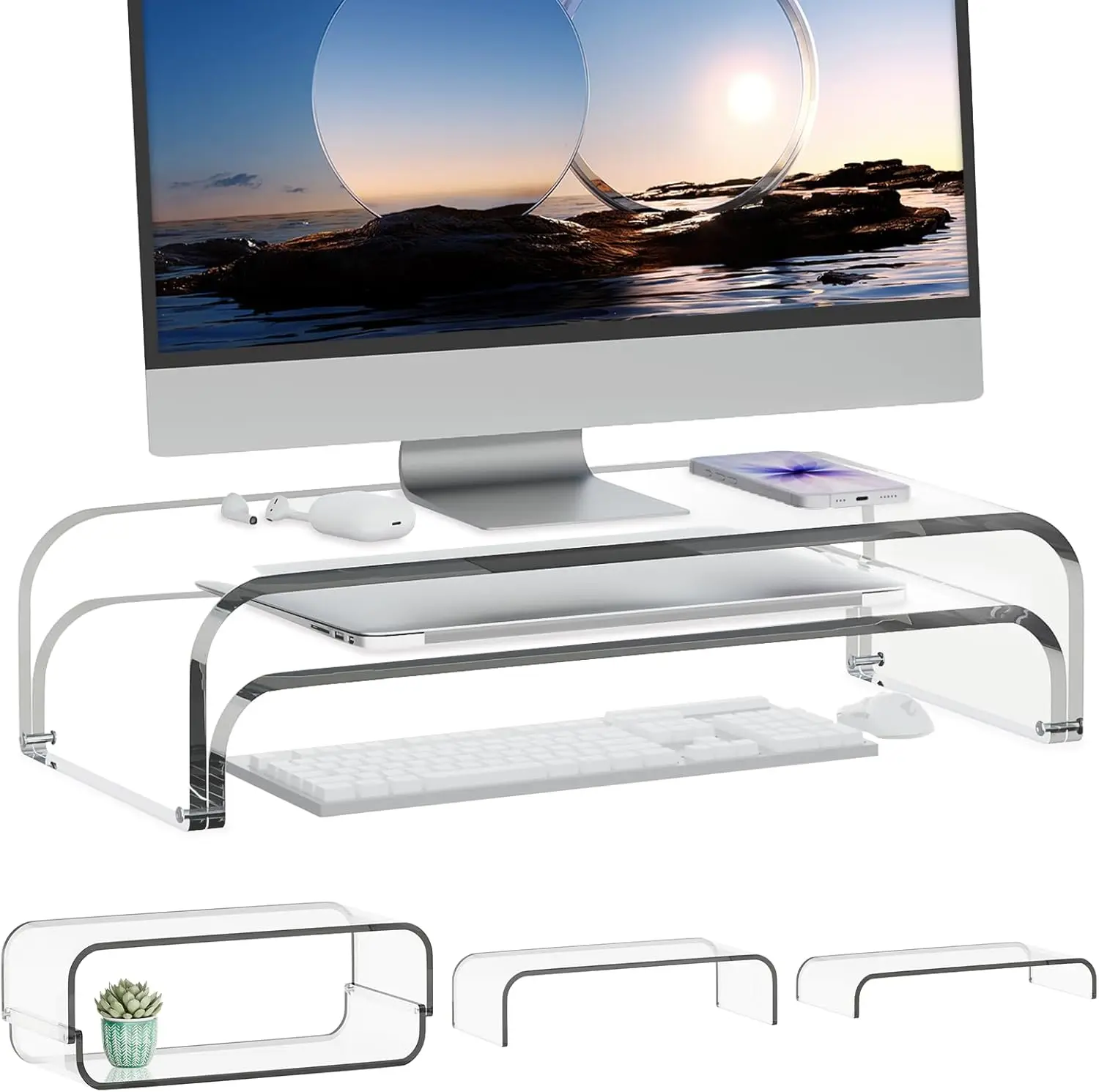 

Clear Acrylic Dual Monitor Stand Riser, Modular Laptop Desk Organizer for PC iMac Printer, Detachable Home Office Shelf