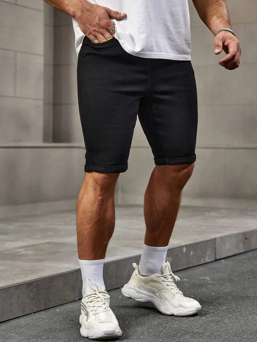 1PC Men's Popular American Street Black Denim Shorts, Simple Denim Casual, Suitable for Daily Wear Denim Shorts
