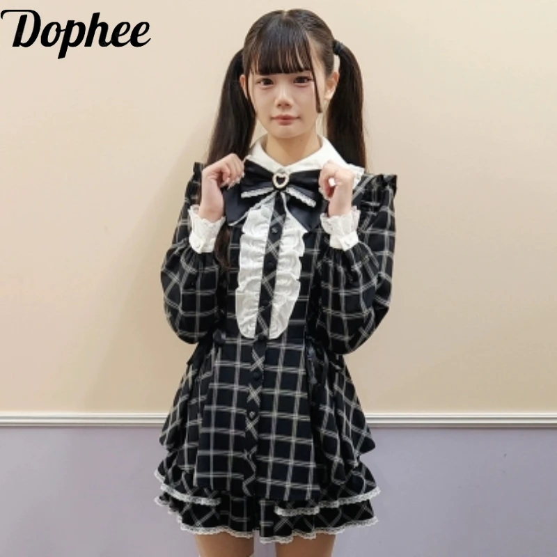 Dophee Japan Style Women Two-piece Set Bandage Love Bow Long Sleeve Shirt Dress Lace Splicing Casual Shorts Skirts Lolita Suits