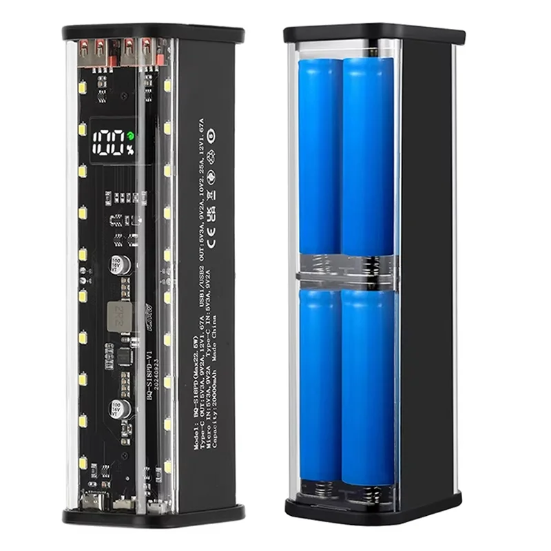 

8x18650 Power Bank Case PD 22.5W Fast Charging LED Screen Transparent Battery Storage Box USB+Type-C Port For iPhone Huawei Vivo
