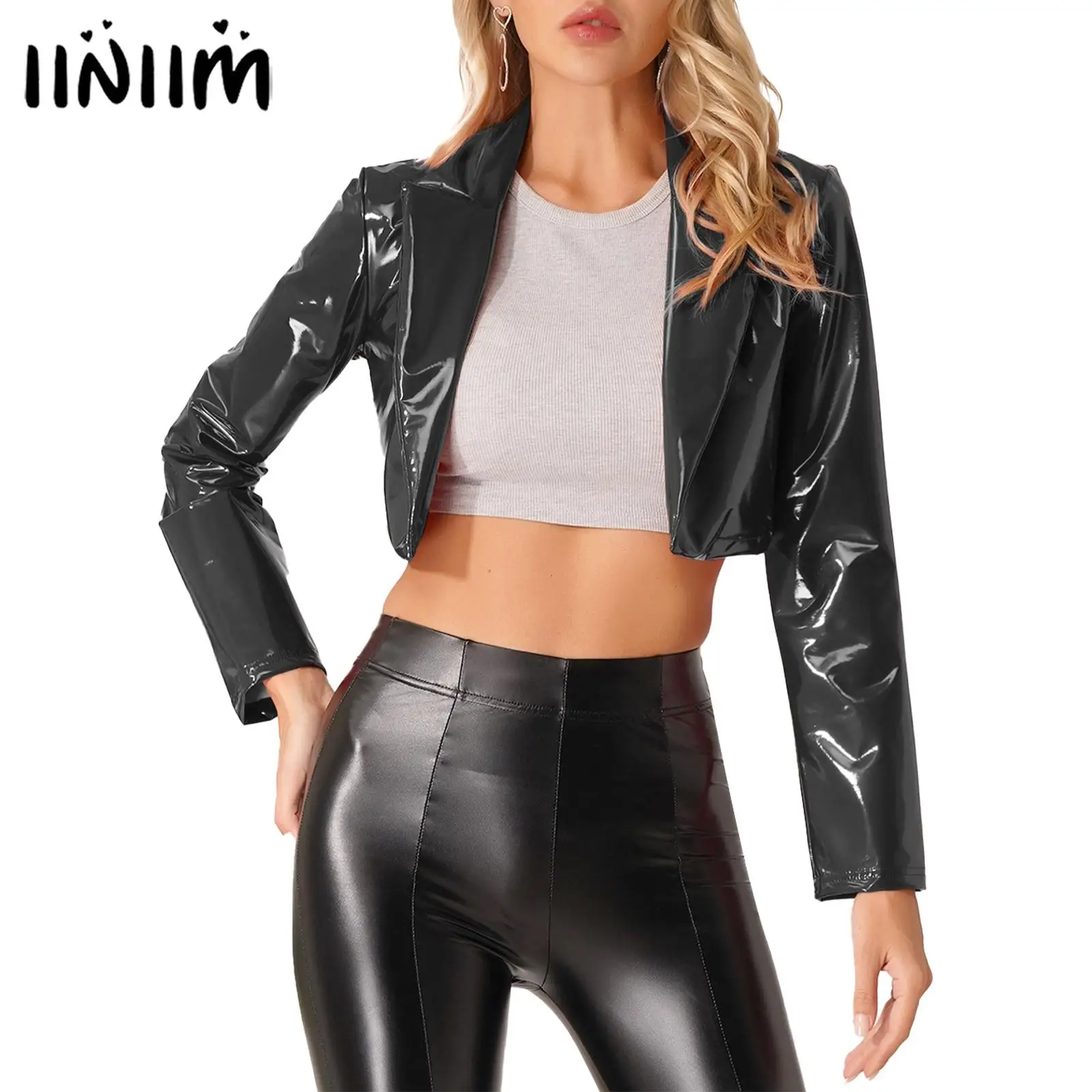 Womens Fashion Black Red Motorcycle Jacket Wet Look Music Festival Clubwear Long Sleeve Patent Leather Lapel Cropped Coat