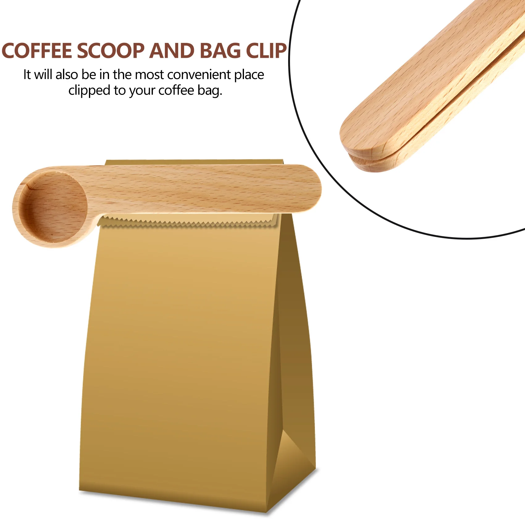 5 Pcs Wooden Coffee Scoop and Bag Clip Measure Spoon 2-In-1 Bags Sealer Measuring Spoon for Beans,Espresso Coffee,Tea