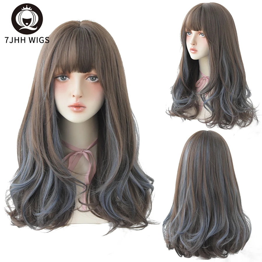 7JHH WIGS Highlights Synthetic Wigs With Bang For Women Long Deep Wave Hair Fashion Cosplay Natural  Cube Lolita Crochet Wig