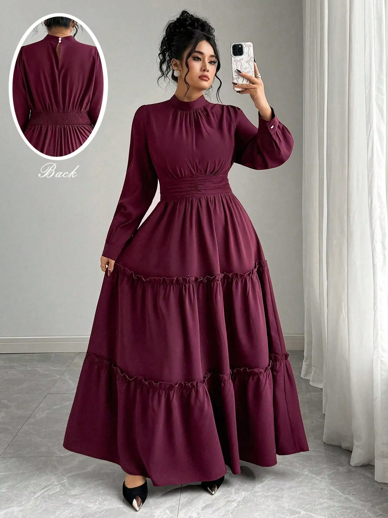 

Burgundy Plus Size High Neck Long Sleeve Tiered Ruffle Maxi Dress