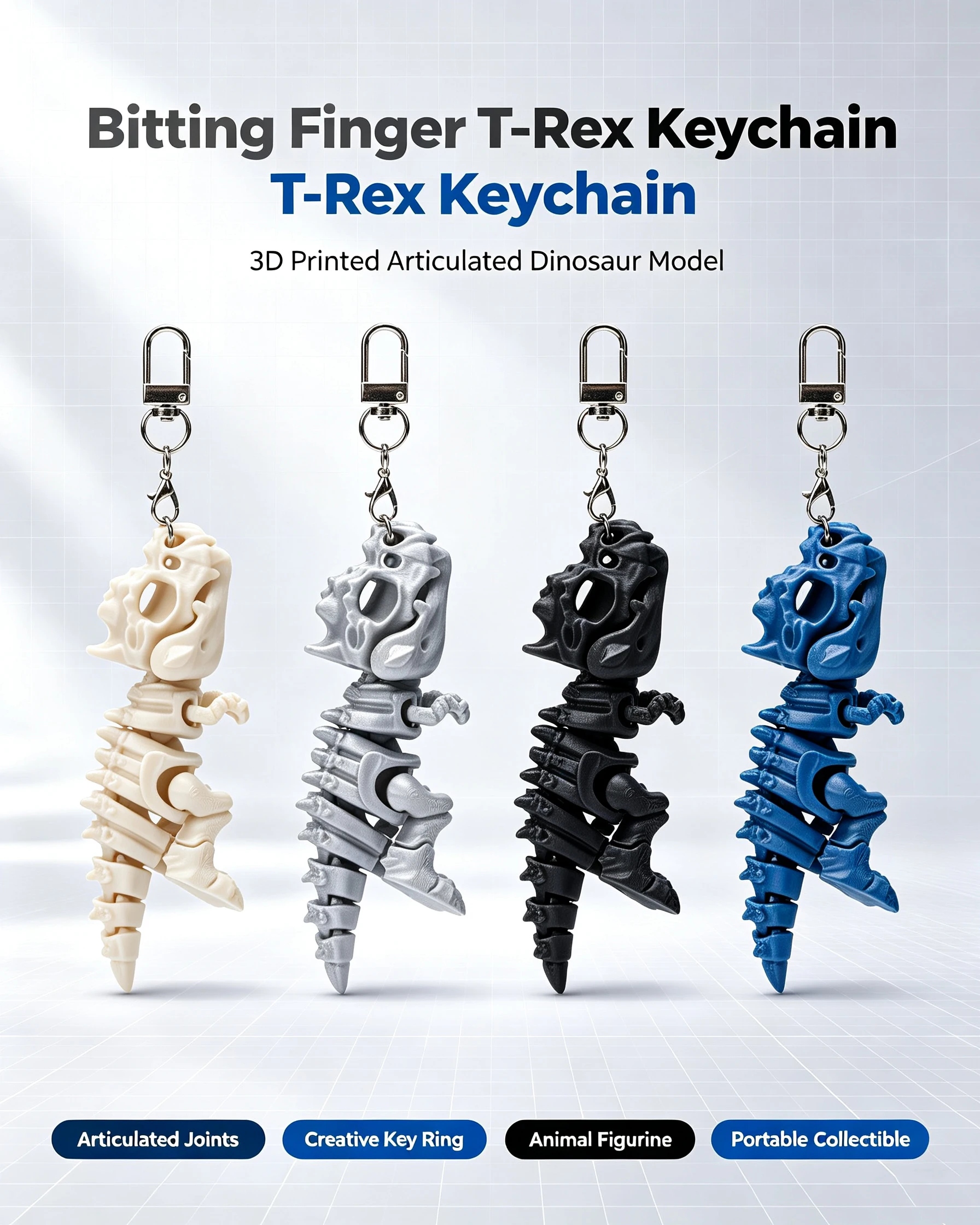 3D Printed Tyrannosaurus Rex Skeleton Model – Rotatable Joints, Decor & Fidget Toy, Dinosaur Keychain, Holiday Gift