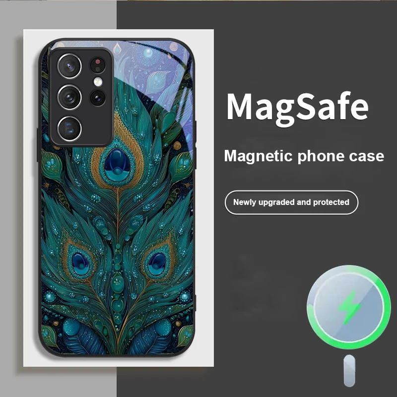 Зеленые перья павлина для Samsung S 25 S8 S9 S10 S20 U ltra S21 Pro S22 Plus S23 FE S24 Ultra S25 Edge Magsafe Glass Чехол для телефона