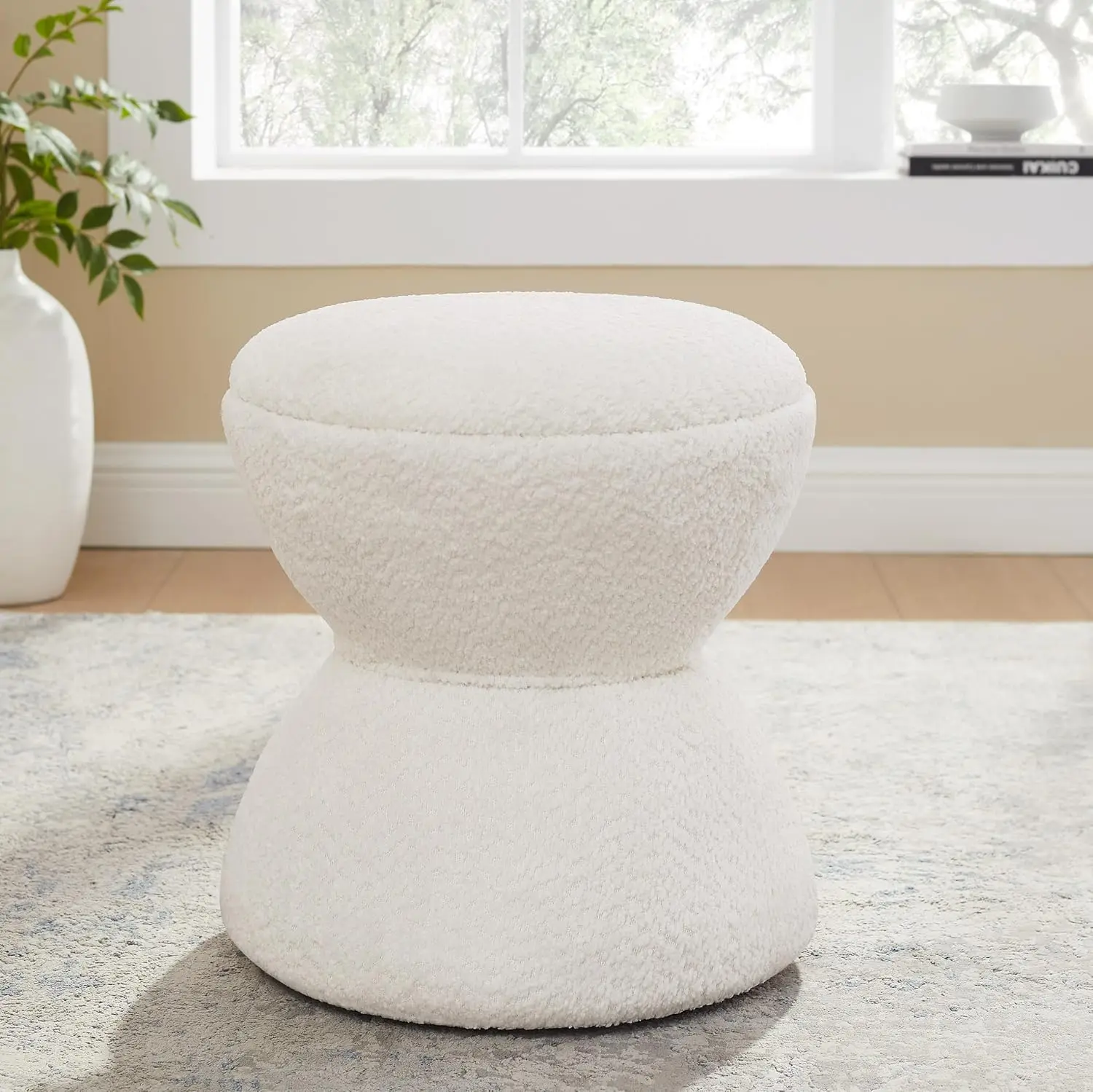360° Swivel Boucle Ottoman Vanity Stool White 16.75 Inch, Customized