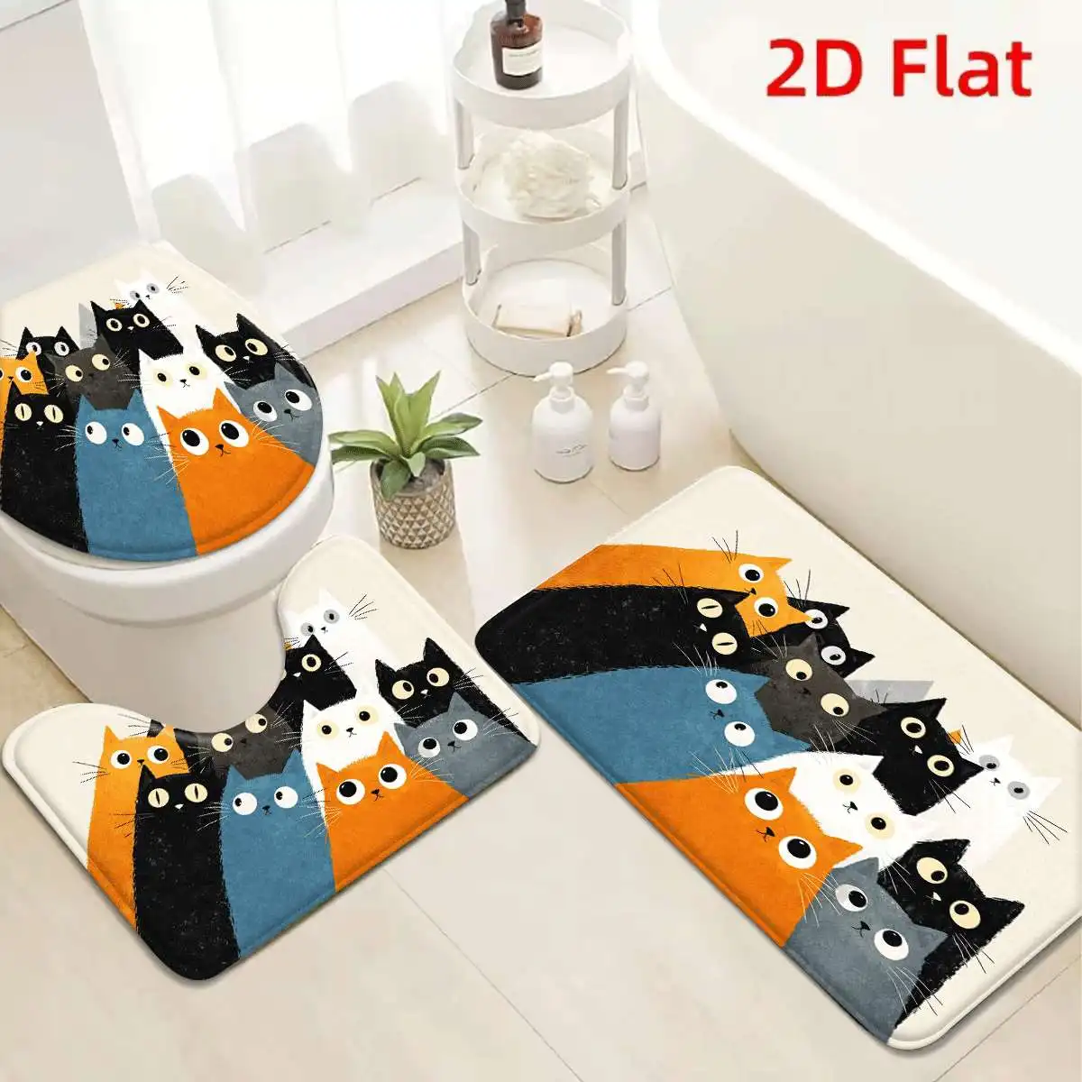 

Cute Cat Print Bath Mat Set Non Slip Waterproof Bathroom Rug Doormat Novelty Mat Decor for Master Bathroom Home