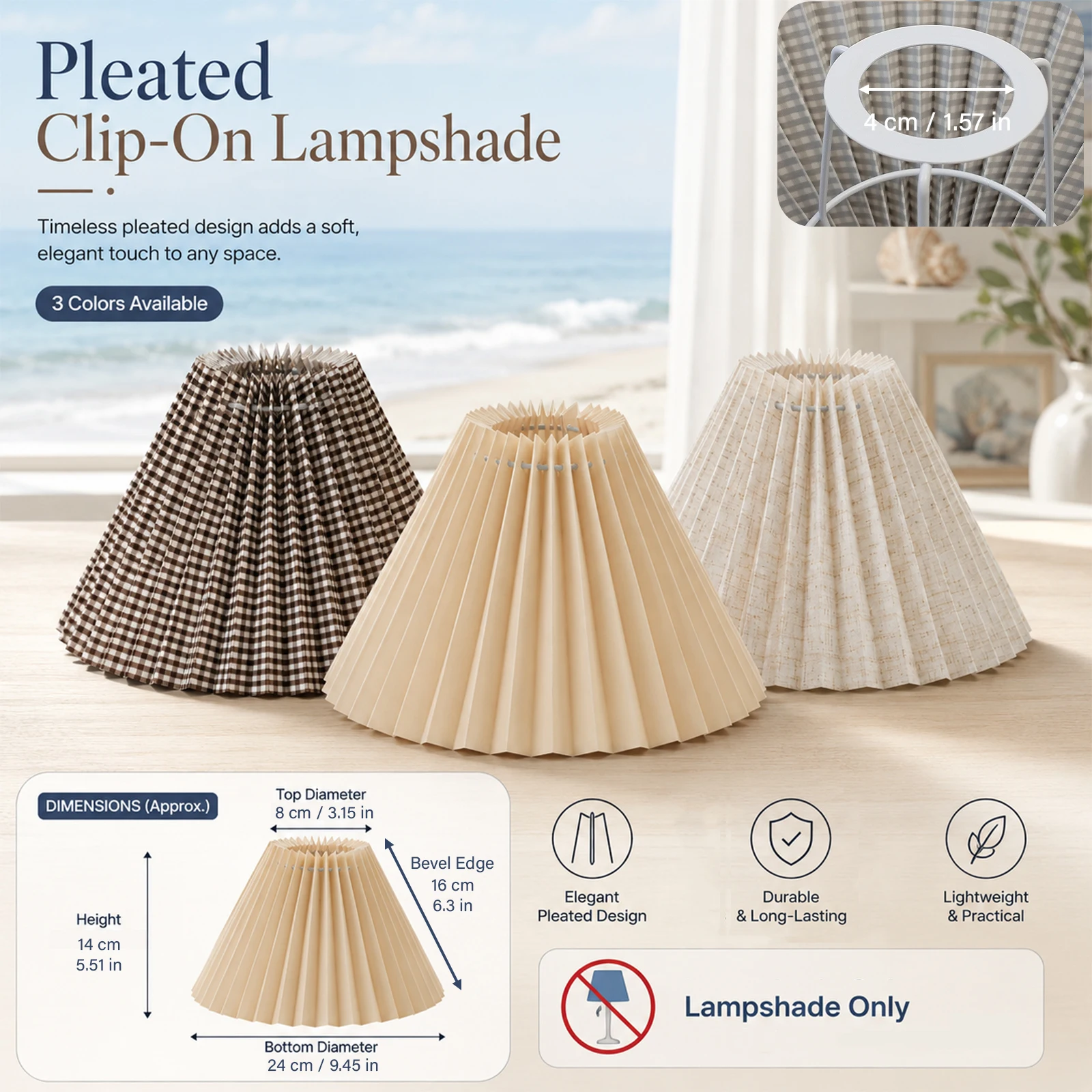 Pleated Clip‑on Lamp Shade Vintage Fabric Lampshade Easy Installation for Table Lamp Wall Lamp Bedroom Home Decor
