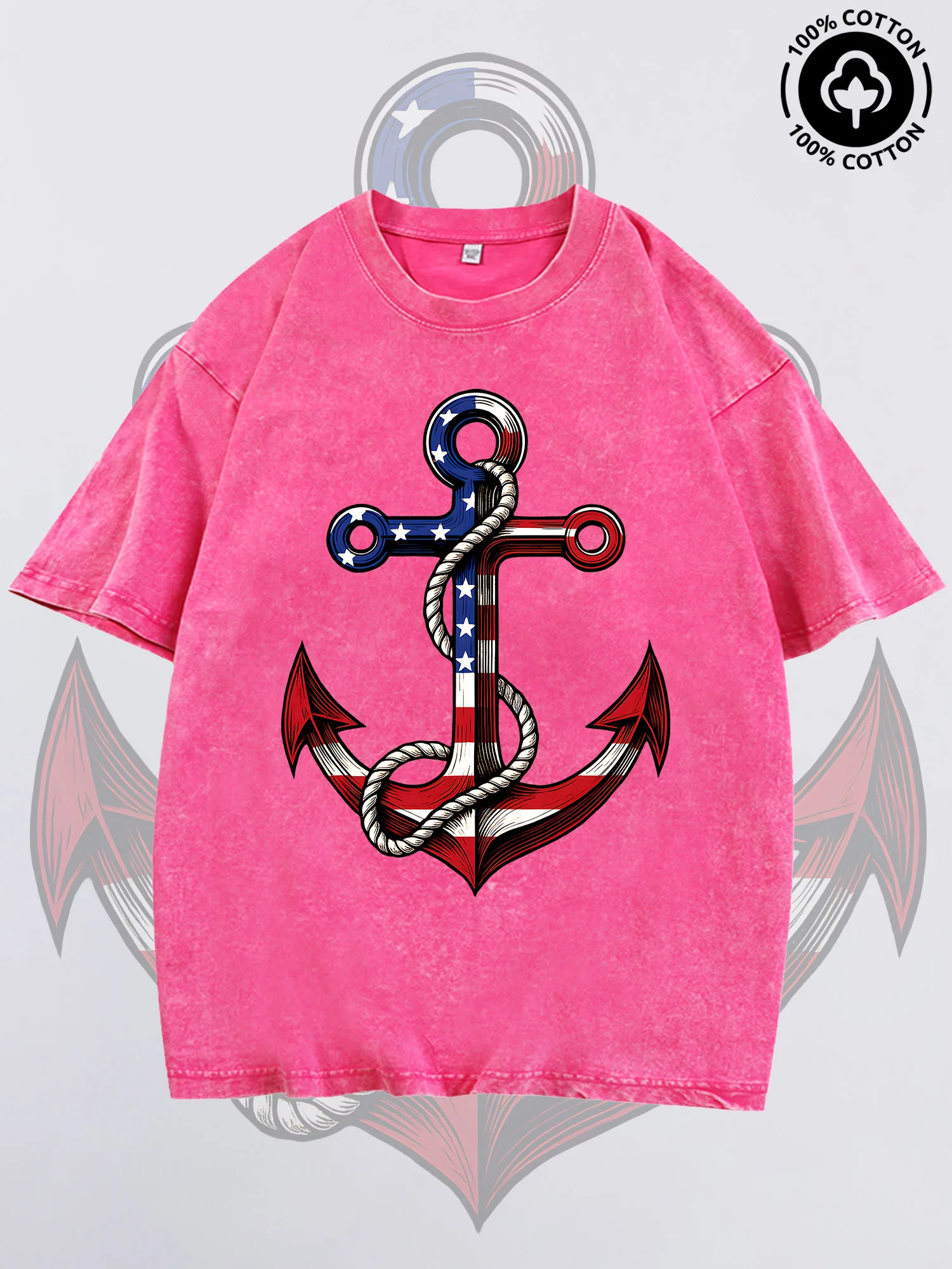 

Flag Anchor USA Men's Graphic Tee, Pure Cotton Vintage Pink T-Shirt, Lightweight Drop Shoulder Tee