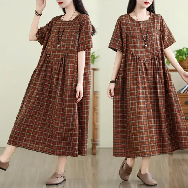

Vintage Women Summer Plaid Long Dress Summer Fashion O-neck Short Sleeve Cotton Linen Dress Ladies Casual Holiday Vestidos S282