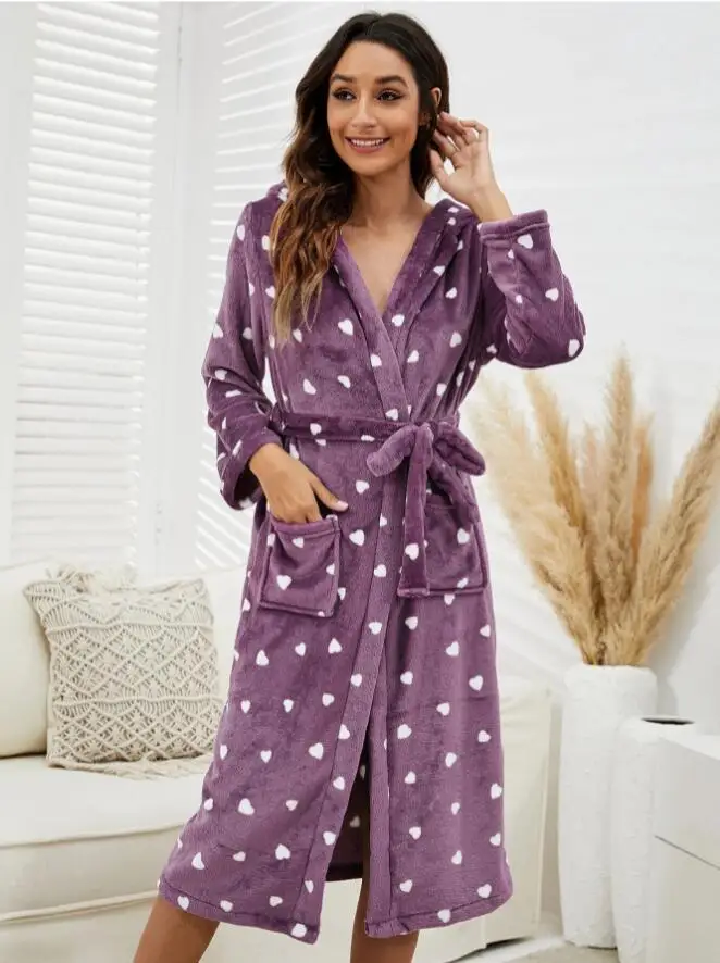 Loose Coral Fleece Home Clothes Lounge Wear Winter Flannel Hooded Robe Nightgown Kimono Bathrobe Gown Thickened Warm Sleepwear