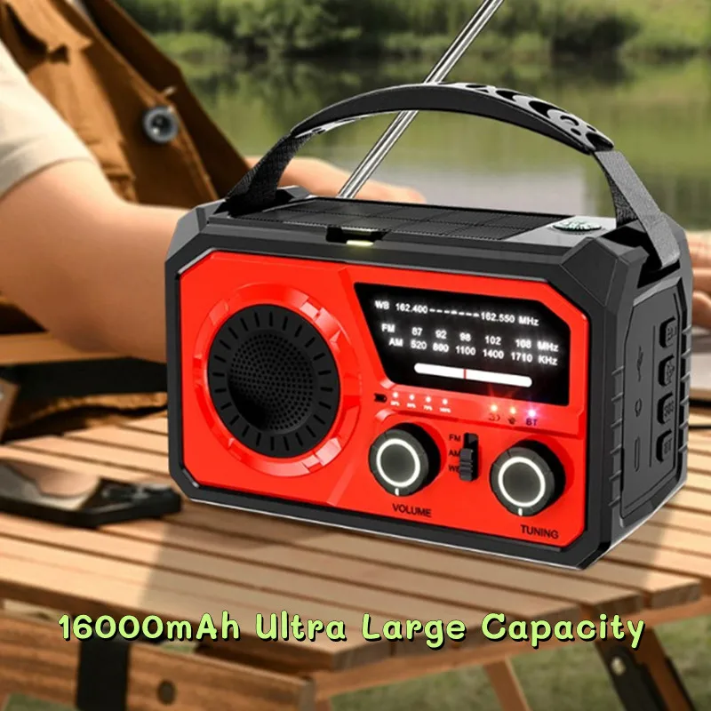 

NEW 16000mAh Solar Hand Crank Radio AM/FM/WB NOAA Weather Radio LED Flashlight Reading Lamp Bluetooth5.3 Speaker Emergency Radio