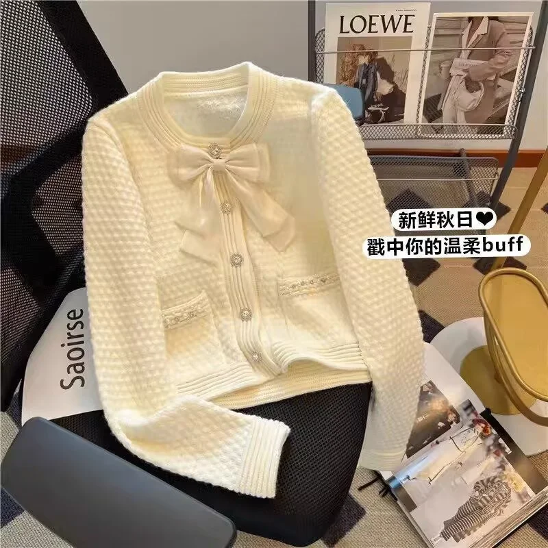 Cardigans Women Women Clothing Outerwears Cardigan Sweater Coat Women's Autumn and Winter new red bow Beaded Knit Coat Jacket