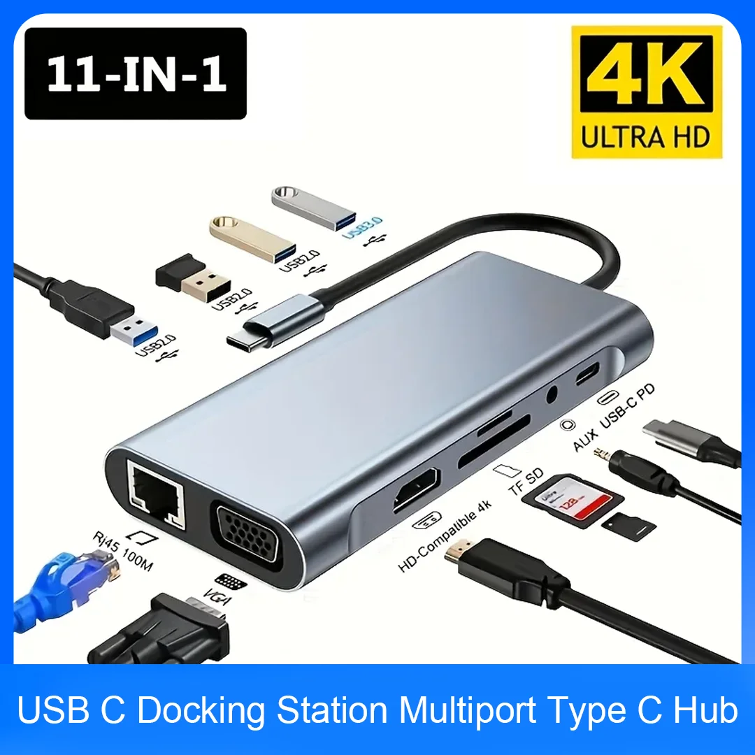 11‑In‑1 USB‑C Docking Station Multiport Type‑C Hub Dual HDMI‑Compatible VGA RJ45 Ethernet PD 3‑USB Audio Mic SD TF Card
