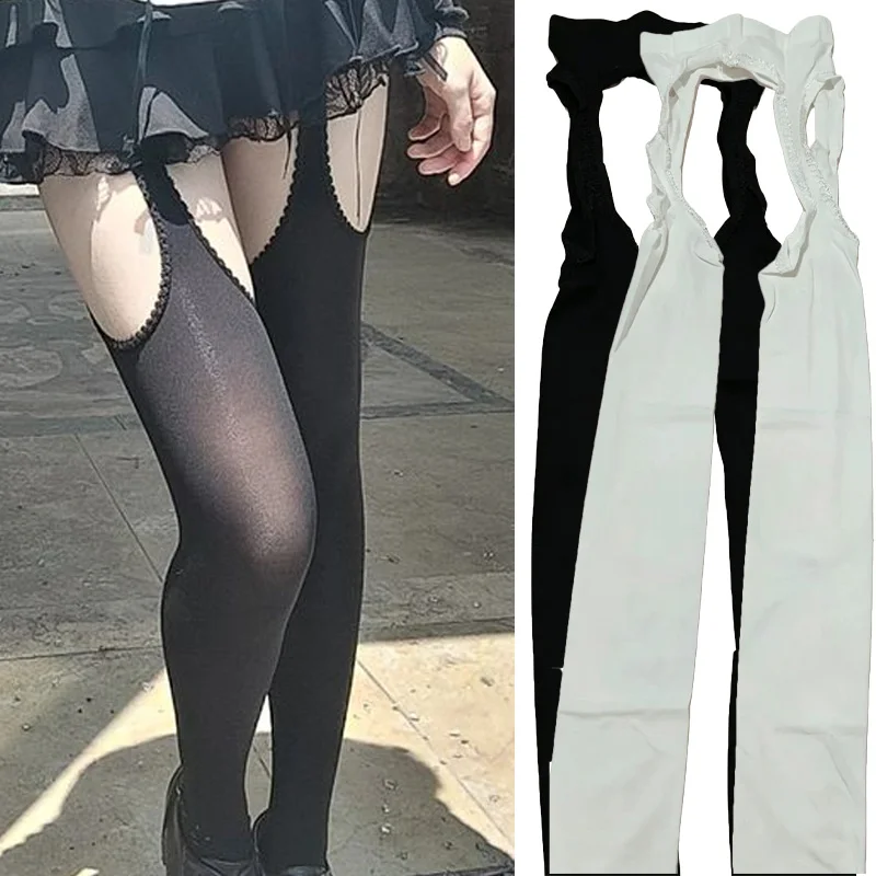 Black White Sexy Lace Stockings Belt Suspender Velvet Tights Hollow Thigh High Stockings Digging Holes Knee Socks Women Tights