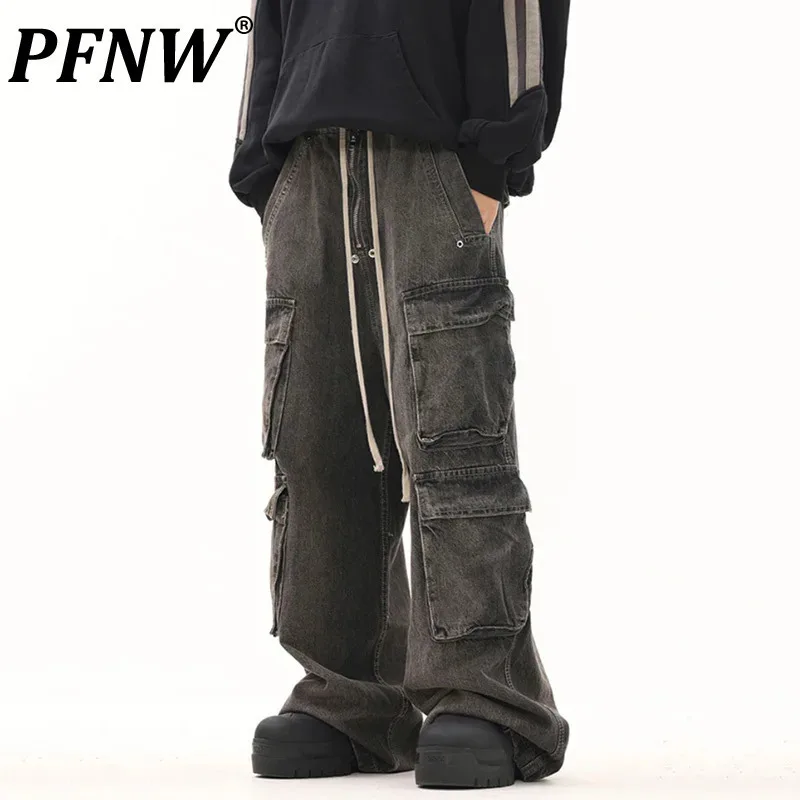 

PFNW Men's Denim Pants Casual Drawstring Worn-out Multi-pockets Elastic Waist Wide Leg Menwear Straight Male Jeans Trend 12C1024